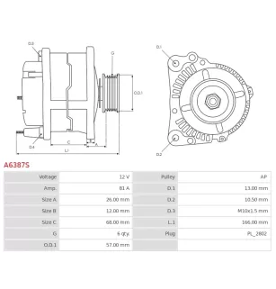 Alternateur 12V 81Amp AS-PL UD13590A, CHRYSLER 56041565AB, DELCO 12393, DENSO 121000-3810, WILSON 90-29-5629