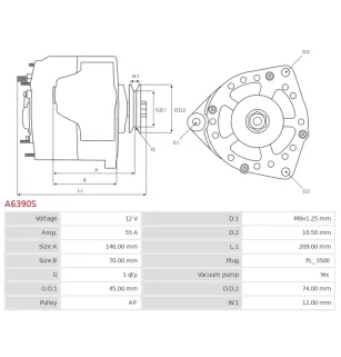 Alternateur 12V 55Amp AS-PL A6390S, UD102184A, UD13588A, DELCO DRA3227, DENSO 100211-0650
