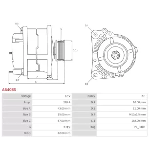Alternateur 12V 220Amp AS-PL UD13835A, DENSO 104210-6220, DIXIE A-80527, ROBERT'S 290-10512, WILSON 90-29-5802