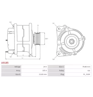 Alternateur 24V 105Amp AS-PL UD12485A, PRESTOLITE AVI144N1C, WOODAUTO PREAVI144N1C