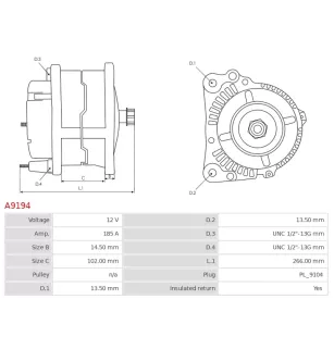 Alternateur 12V 185Amp AS-PL A9194, UD03041A, CARGO 113176, 113898, CASE 432435A1, 87409251, 87409414, CATERPILLAR 264-0511