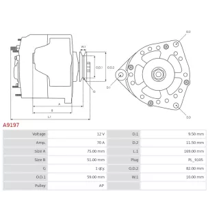 Alternateur 12V 70Amp AS-PL UD12310A, CARGO 114465, ISKRA / LETRIKA 11.201.945, AAK3339, IA0856, MAHLE MG 230, MG230