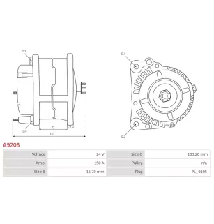 Alternateur 24V 150Amp AS-PL UD12487A, PRESTOLITE AVI168, ELECTROLOG ALT9799, KRAUF ALP7168