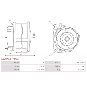 Alternateur 12V 120Amp AS-PL UD03079A, ISKRA / LETRIKA 11.204.479, AAK4855, IA1542, MAHLE MG 39, MG39, BETA 20008183