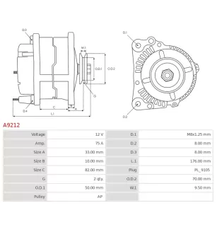 Alternateur 12V 75Amp AS-PL A9212, UD13060A, ISKRA / LETRIKA 11.204.029, AAK3815, IA1442, MAHLE MG 579, MG579