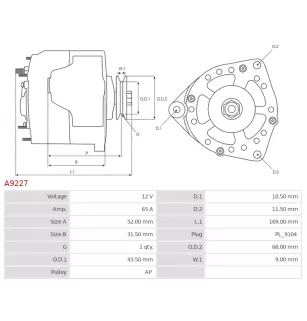 Alternateur 12V 65Amp AS-PL A9227, UD13057A, CARGO 113533, DELCO DRA4076, ISKRA / LETRIKA 11.201.711, AAK4569, IA0711