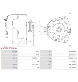 Alternateur 12V 65Amp AS-PL UD809707(LETRIKA)A, CARGO 113533, DELCO DRA4076, ISKRA / LETRIKA 11.201.711, AAK4569, IA0711