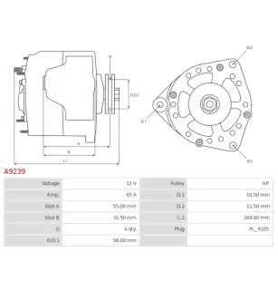 Alternateur 12V 65Amp AS-PL UD13062A, BOSCH 0986038621, CARGO 113471, DAIHATSU 493002, 493990, DELCO DA4528, DRA3418