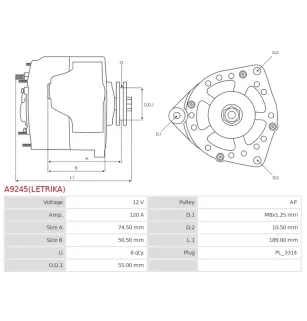 Alternateur 12V 120Amp AS-PL UD809652(LETRIKA)A, CASE 84254290, 84416590, 87422777, FIAT 84254289, 84416587