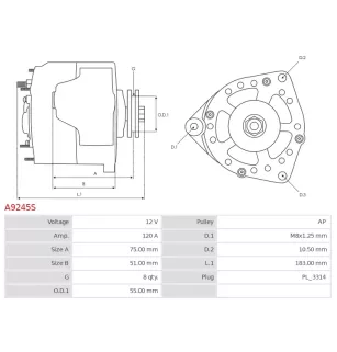 Alternateur 12V 120A Cargo A9245S UD18516A