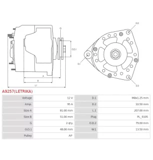 Alternateur 12V 95Amp AS-PL UD809687(LETRIKA)A, CARGO 111843, CASE 2852185, A187623, CATERPILLAR 9X0341, PX0341