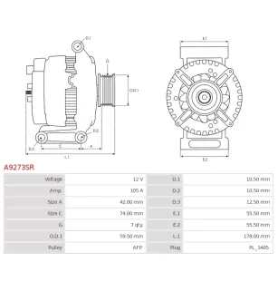 Alternateur 12V 105Amp FORD 4069776, YC1U-10300-DB, YC1U-10300-DC, KUHNER 301639RI, 301639RIV, SIOM ALT122280