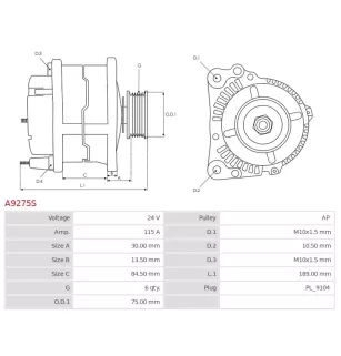 Alternateur 24V 115Amp AS-PL UD14184A, ISKRA / LETRIKA 11.204.260, IA1408, MAHLE 72735140, MG 141, MG141, ELECTROLOG ALT79584