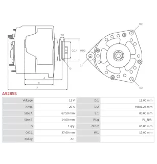 Alternateur 12V 20Amp AS-PL UD15429A, JOHN DEERE CH15587, MIA10312, PERKINS 185046160, 550185046160, DIXIE 151-14108
