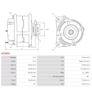 Alternateur 12V 75Amp AS-PL A9289S, UD15358A, CARGO 115937, HYUNDAI / KIA 021319020, 021319021, 0K43A-18300, 0K72A18300