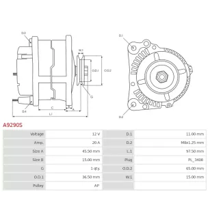 Alternateur 12V 20Amp AS-PL UD15423A, CARGO 115691, ISUZU 8970489700, 8970489701, 8970489702, DIXIE 151-14101