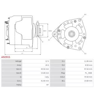Alternateur 12V 20Amp AS-PL UD15426A, CARGO 113743, ISUZU 8-97226840-0, 8-97226840-3, 8-97226840-4, 8-98156527-0