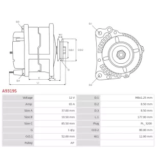 Alternateur 12V 65Amp AS-PL UD17257A, ISKRA / LETRIKA 11.204.581, AAK4893, IA0470, MAHLE 72735175, MG176, ELECTROLOG ALT79094