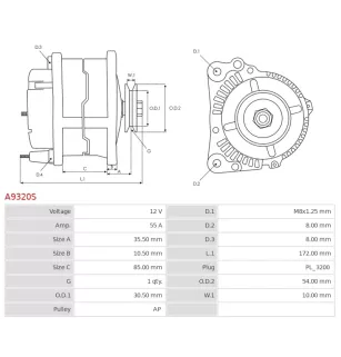 Alternateur 12V 55Amp AS-PL UD17258A, ISKRA / LETRIKA 11.201.531, AAK3590, IA0531, MAHLE 72735196, MG197, AINDE CGB-13760