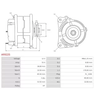 Alternateur 12V 55Amp AS-PL UD17260A, ISKRA / LETRIKA 11.201.676, AAK1358, IA0676, MAHLE 72735591, MG592, CASCO CAL21239GS