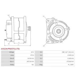 Alternateur 24V 175Amp AS-PL UD21268(PRESTOLITE)A, BOSCH F042308022, CARGO 110176, CATERPILLAR 300-1117, CUMMINS 3088320