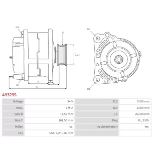 Alternateur 24V 175Amp AS-PL A9329S, UD18475A, BOSCH F042308022, CARGO 110176, CATERPILLAR 300-1117, CUMMINS 3088320, 3629351