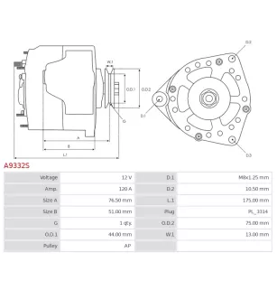 Alternateur 12V 120Amp AS-PL UD18517A, CASE 84281043, ISKRA / LETRIKA 11.204.635, AAK4914, IA1454, MAHLE 72735137, MG138