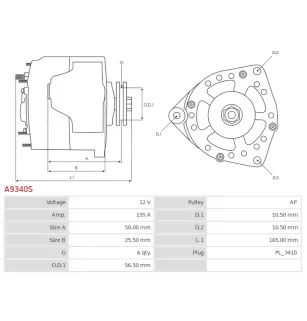 Alternateur 12V 135Amp AS-PL UD21002A, CARGO 112947, FORD 4U2Z-10V34-6APRM, F8AU-10300-AB, F8AU-10300-AC, F8AU-10300-AD