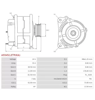 Alternateur 24V 55Amp AS-PL UD810056(LETRIKA)A, ISKRA / LETRIKA 11.203.353, AAK4332, IA1190, MAHLE 72735306, MG307