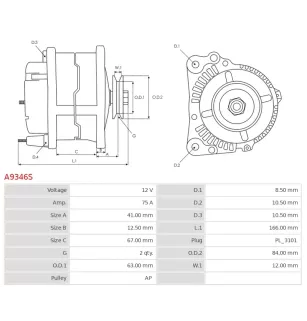 Alternateur 12V 75Amp AS-PL A9346S, UD90809A, BOSCH 0986080390, CARGO 114120, DELCO DA5343, DRA4233, FORD F8RU-10300-BA