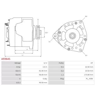 Alternateur 12V 115Amp AS-PL UD21169A, DELCO DRA1662, MANDO A0002655043, SSANGYONG 1611543602, 1611543902, 1611544002