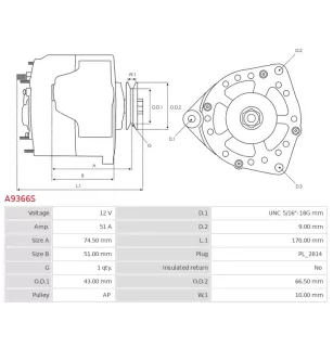 Alternateur 12V 51Amp AS-PL UD48918A, JOHN DEERE AR15009, AR38429, AR38458, AR40257, AR40420, AR41592, AR42110, AR43632
