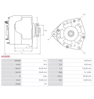 Alternateur 12V 70Amp AS-PL UD19528A, ISKRA / LETRIKA 11.201.592, 11.201.934, AAK1362, AAK3329, IA0592, JOHN DEERE AL67175