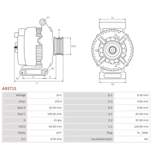 Alternateur 24V 150Amp AS-PL UD21276A, PRESTOLITE A150P224, AVI150P2104HP, AVI150P2115HP, AVI150P2124HP, SCANIA 2470900