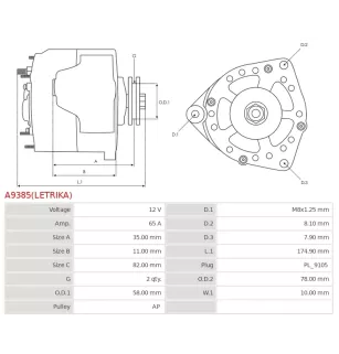 Alternateur 12V 65Amp AS-PL UD810719(LETRIKA)A, CASE 73327984