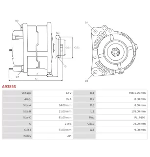 Alternateur 12V 65Amp AS-PL A9385S, UD03607A, CASE 73327984, A188590A1, ISKRA / LETRIKA 11.201.877, AAK3313, IA0877
