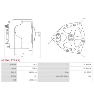 Alternateur 24V 100Amp AS-PL UD810921(LETRIKA)A, ISKRA / LETRIKA 11.204.048, AAN8124, IA1441, MAHLE 72735070, MG71