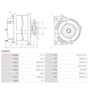 Alternateur 24V 25Amp AS-PL UD21434A, KOMATSU 600-821-5620, 600-821-5630, 600-821-5640, 600-821-5650, NIKKO 0-35000-0050