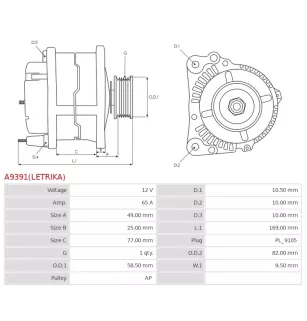 Alternateur 12V 65Amp AS-PL UD810458(LETRIKA)A