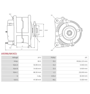 Alternateur 24V 60Amp AS-PL UD100796(NIKKO)A, HINO 27040-1950