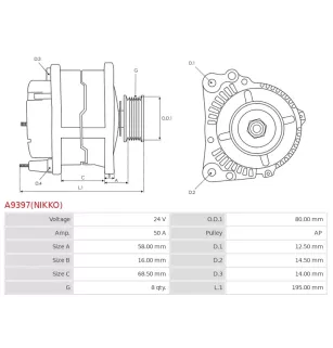 Alternateur 24V 50Amp AS-PL UD100787(NIKKO)A, CARGO 116481, ISUZU 8973750171, 8973750471, 898092116, 8980921160