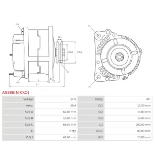 Alternateur 24V 60Amp AS-PL UD100782(NIKKO)A, ISUZU 1812004165, 1812004202, 1812004420, 1812004592, 1812004703, 1812005222