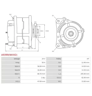 Alternateur 24V 50Amp AS-PL UD100784(NIKKO)A, ISUZU 1812005070