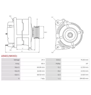 Alternateur 24V 60Amp AS-PL UD100797(NIKKO)A, ISUZU 8981693600, NIKKO 0-35000-4958, 0-62000-0180, KRAUF ALK2051