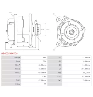 Alternateur 24V 50Amp AS-PL UD100788(NIKKO)A, ISUZU 1812005303, NIKKO 0-62000-0090, CASCO CAL50631GS, REAL 20146136OE