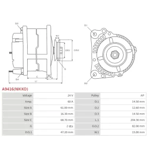 Alternateur 24V 60Amp AS-PL UD100834(NIKKO)A, ISUZU 1812004263