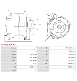 Alternateur 12V 75Amp AS-PL UD809710(LETRIKA)A, ISKRA / LETRIKA 11.203.767, AAG5168, IA1393, MAHLE 72485351, MG566