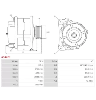 Alternateur 12V 175Amp AS-PL UD21428A, CARGO 115343, CLAAS 10646521, ISKRA / LETRIKA 11.203.340, 11.204.252, AAN5193, AAN8164