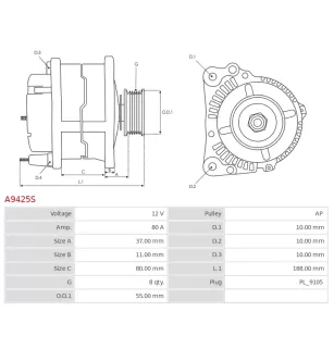 Alternateur 12V 80Amp AS-PL UD101782A, ISKRA / LETRIKA 11.203.840, AAK4808, IA1420, IVECO 504345414, 5801453376