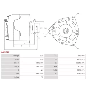 Alternateur 12V 95Amp AS-PL UD101786A, ISKRA / LETRIKA 11.201.737, AAK5124, IA0737, MAHLE 72735433, MG434, VOLVO 872927